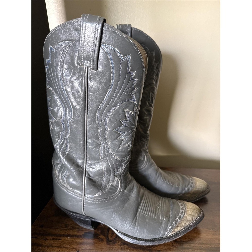 Tony Lama Lizard Toe Boots Men Size 9.5 D Grey Leather VTG